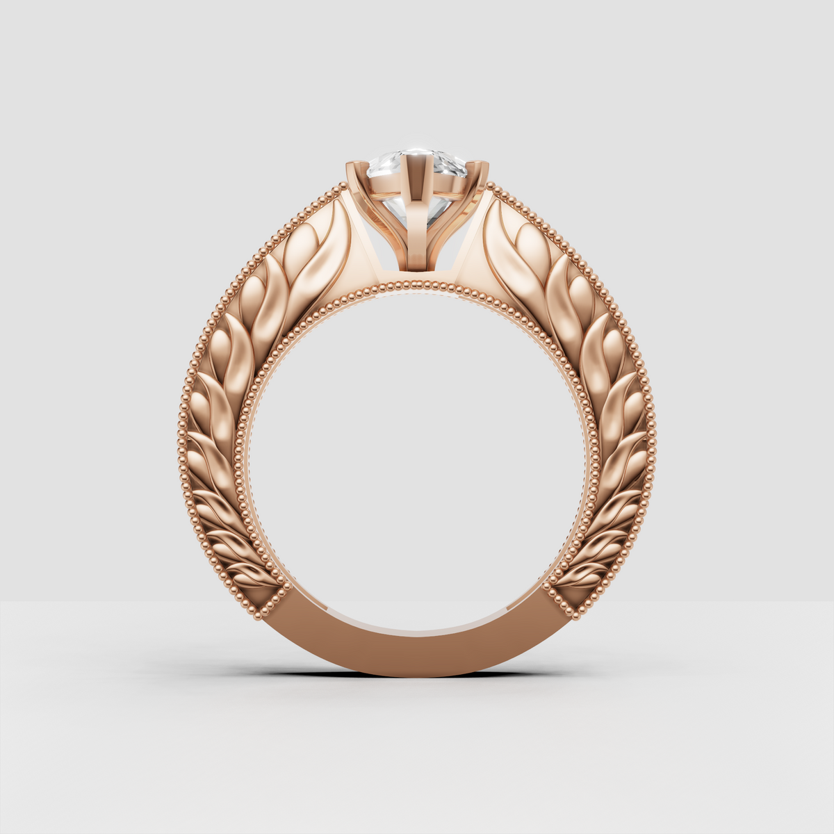 Detailed vintage marquise engagement ring in polished yellow gold