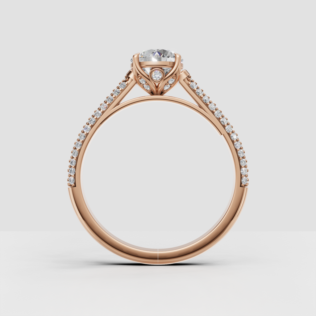 Close-up round Diamond engagement ring with pavé details