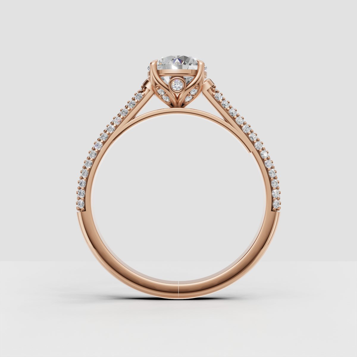 Close-up round Diamond engagement ring with pavé details