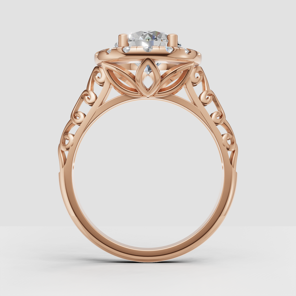 Detailed round diamond engagement ring with scrollwork gallery