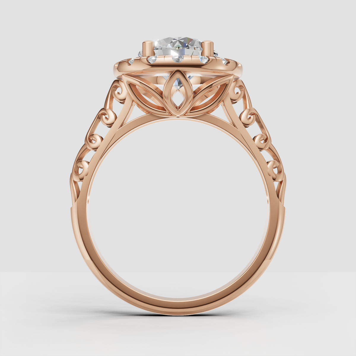 Detailed round diamond engagement ring with scrollwork gallery