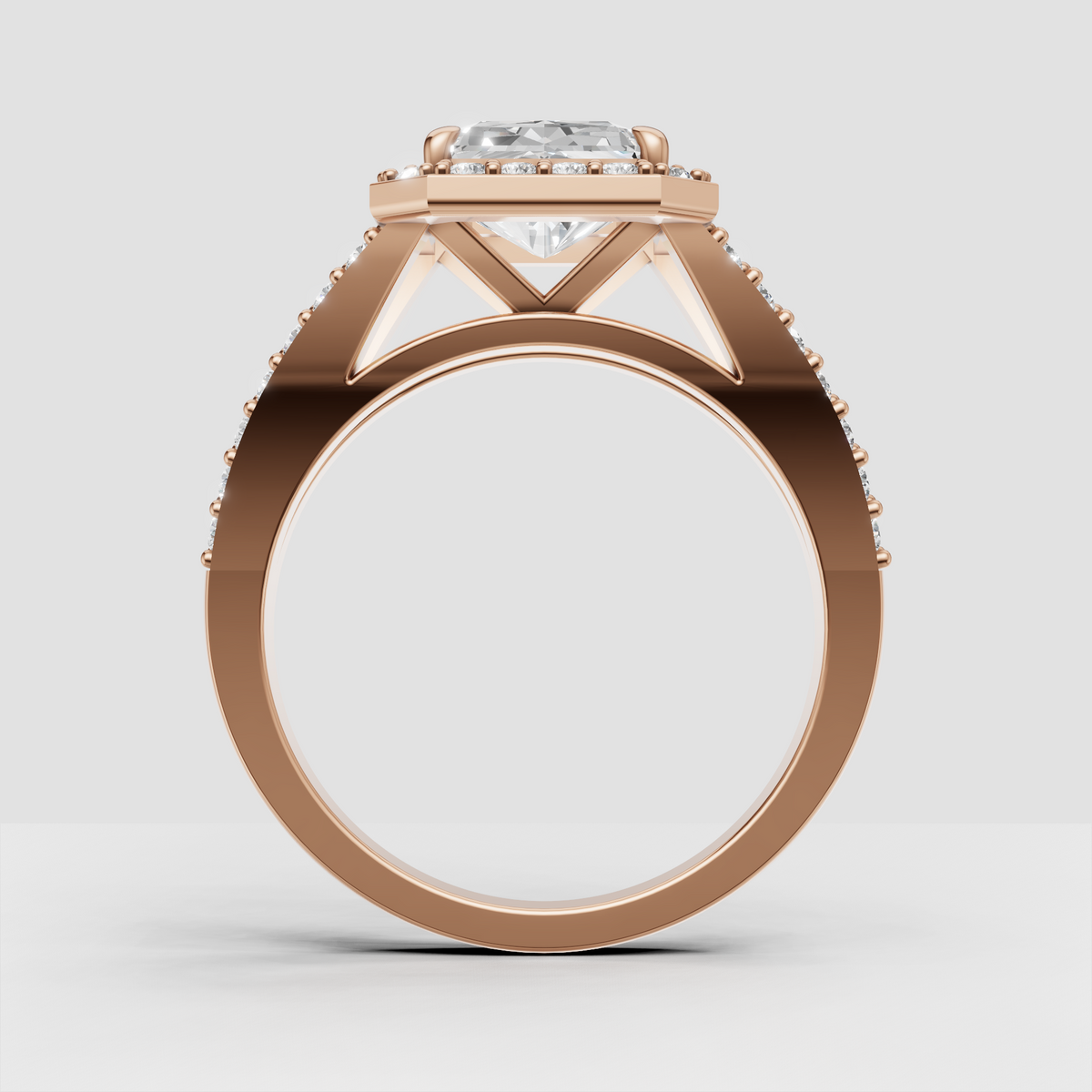 Sophisticated radiant cut engagement ring with halo and pavé shoulders