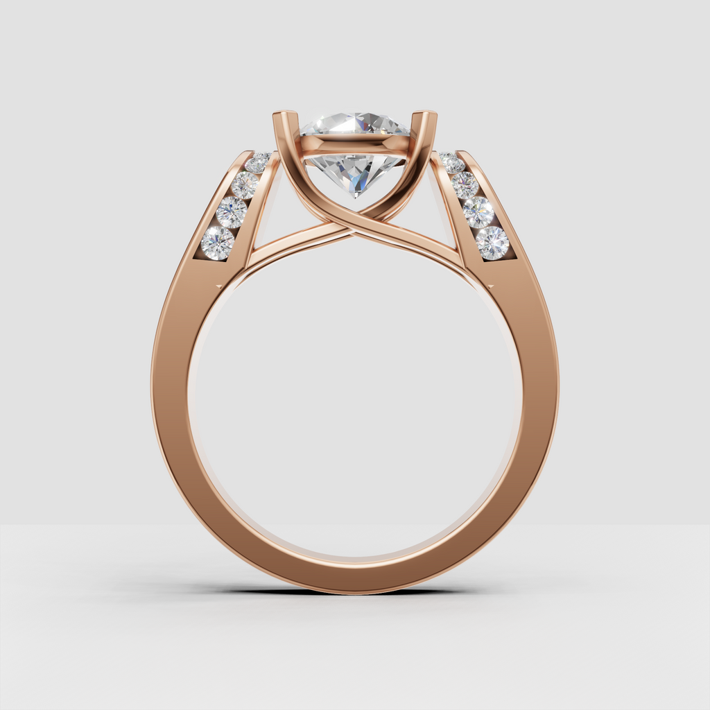 Contemporary round engagement ring with sparkling side stone channels