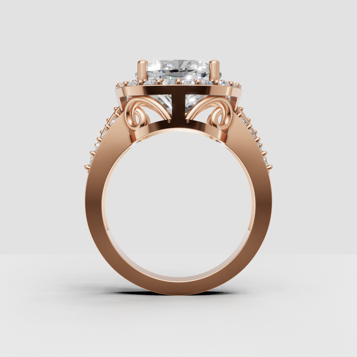 Elegant vintage cushion diamond ring with ornate open gallery