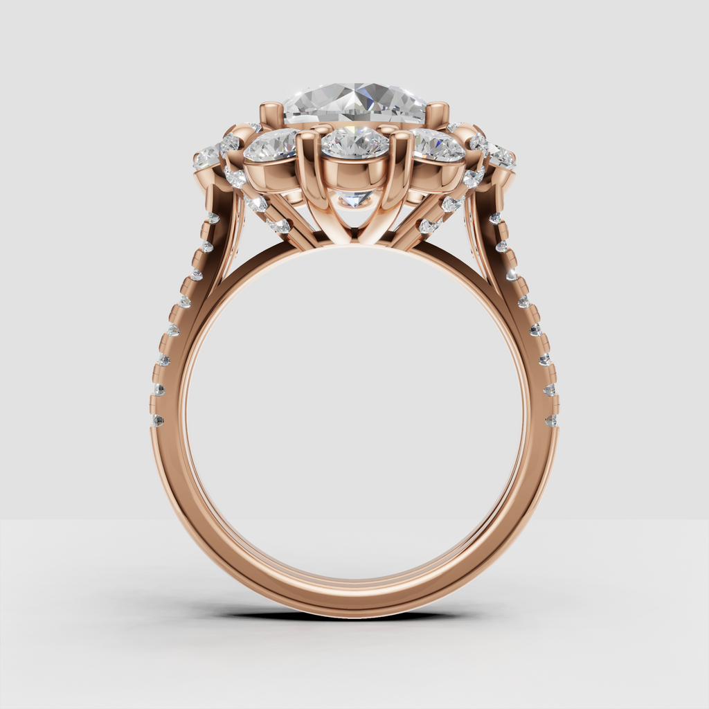 Detailed yellow gold halo ring with round accent stones