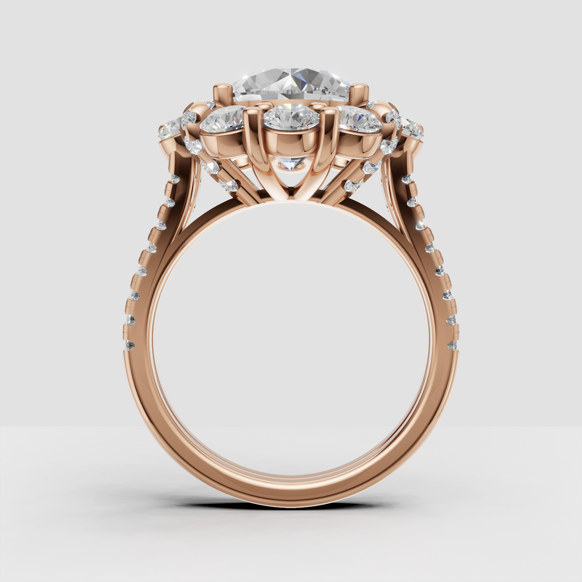 Detailed yellow gold halo ring with round accent stones