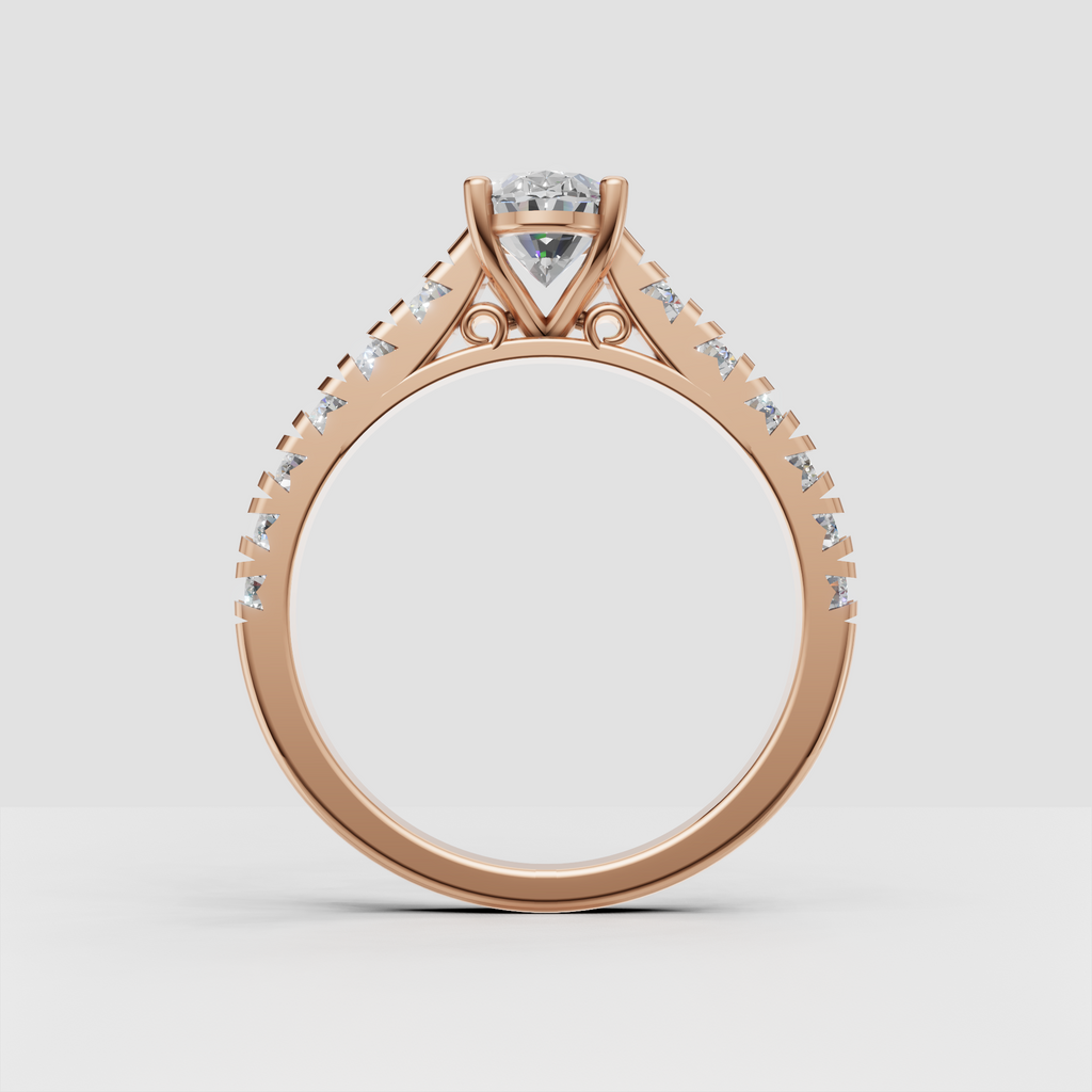 Side view of oval diamond engagement ring with pavé-style shoulders