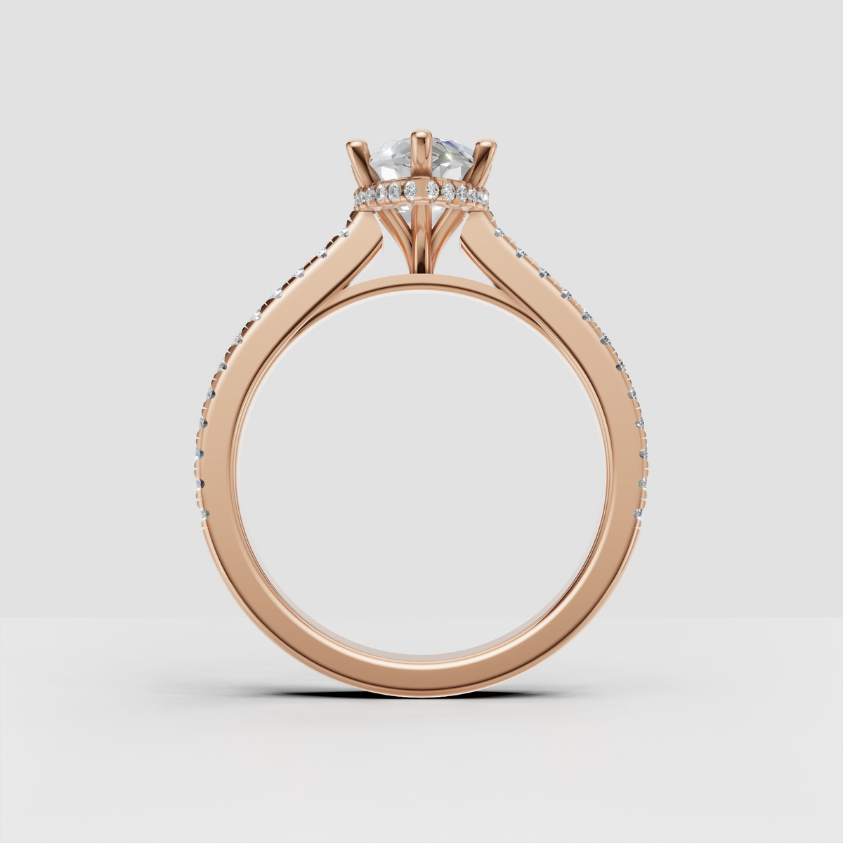 Side profile of marquise cut diamond ring with elevated open gallery