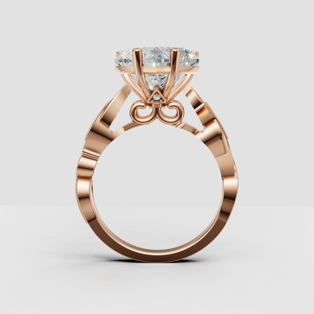 Ornate gold heart cut diamond ring with pavé milgrain shoulders