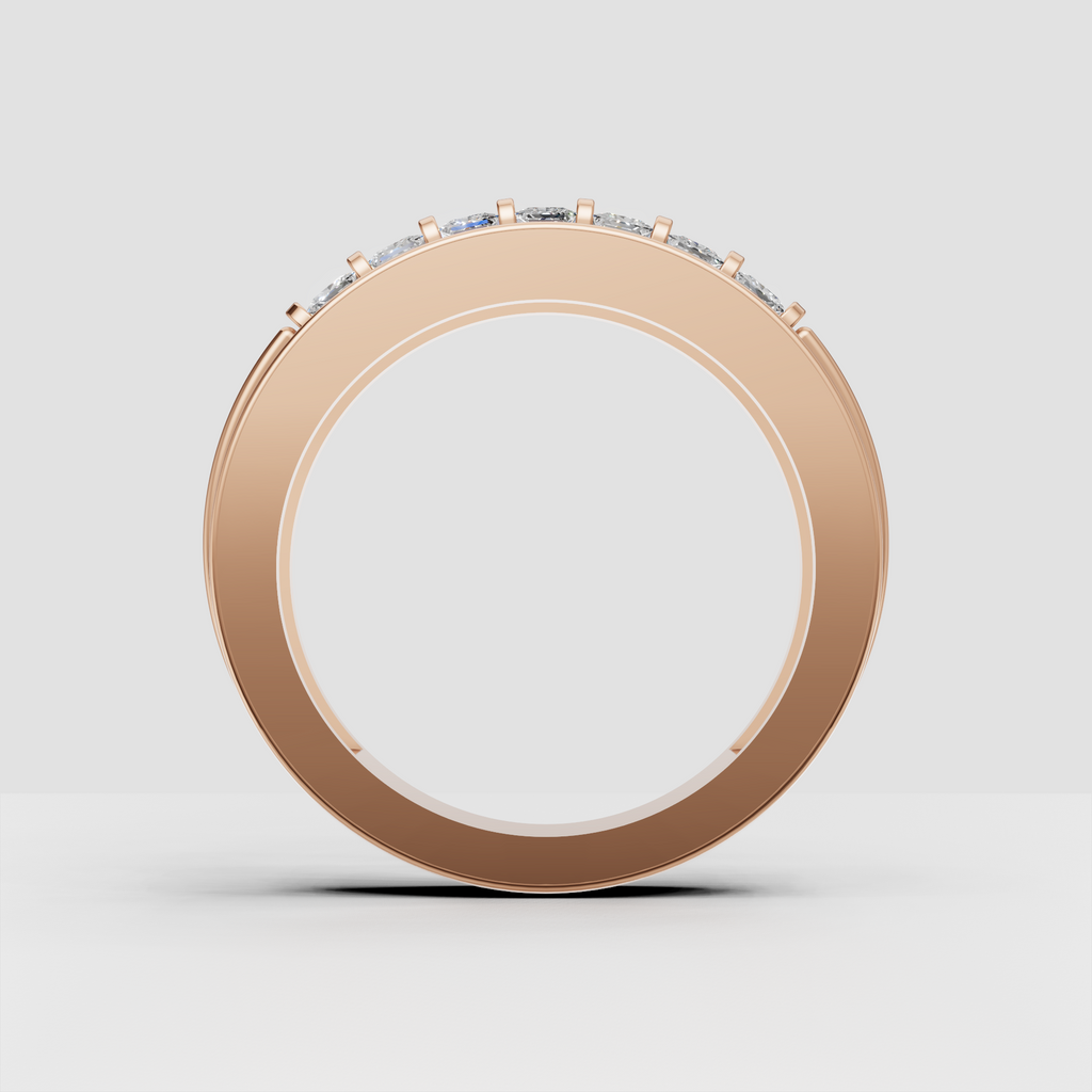 Princess cut center row surrounded by brilliant round diamond accents