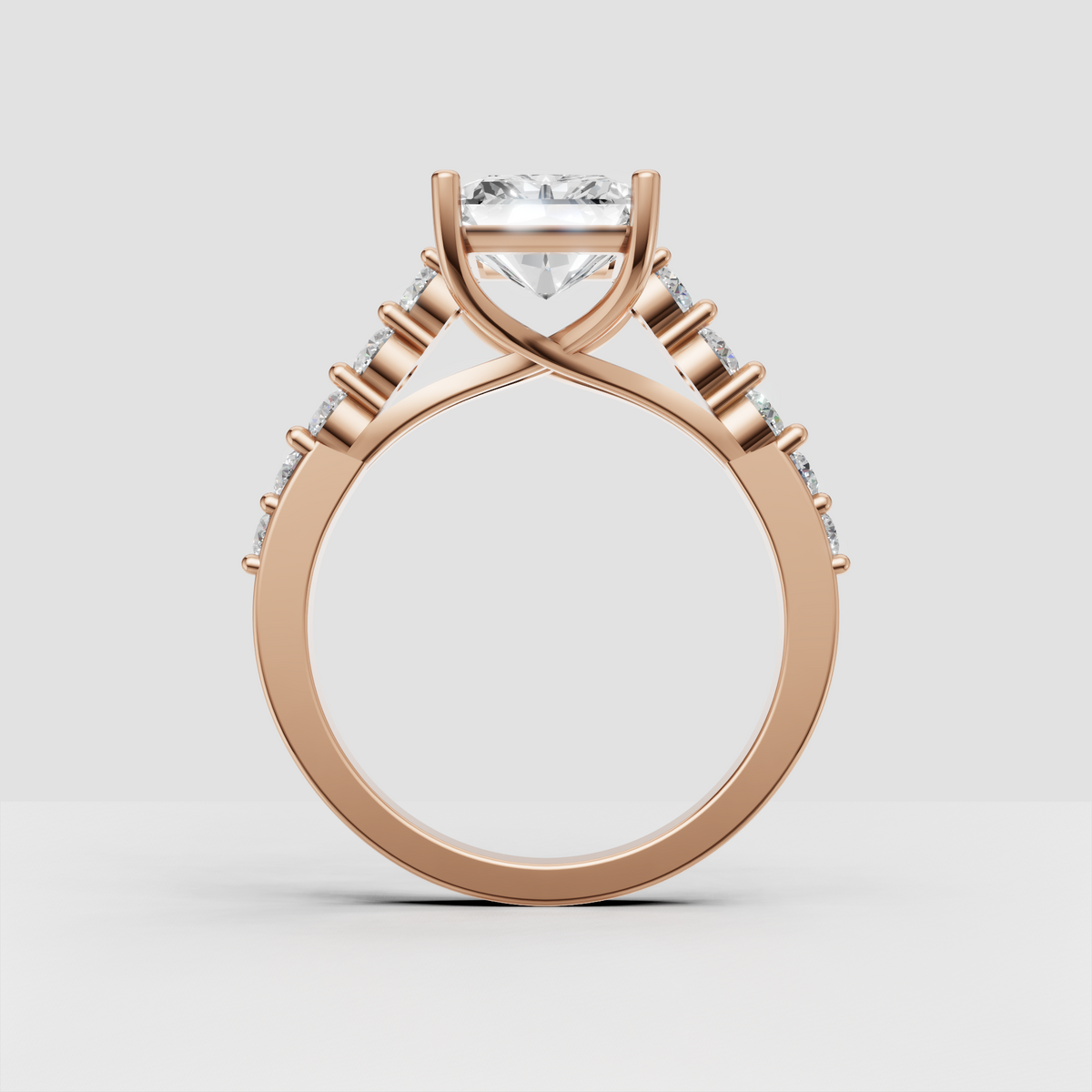 Contemporary radiant diamond engagement ring with crossover band design