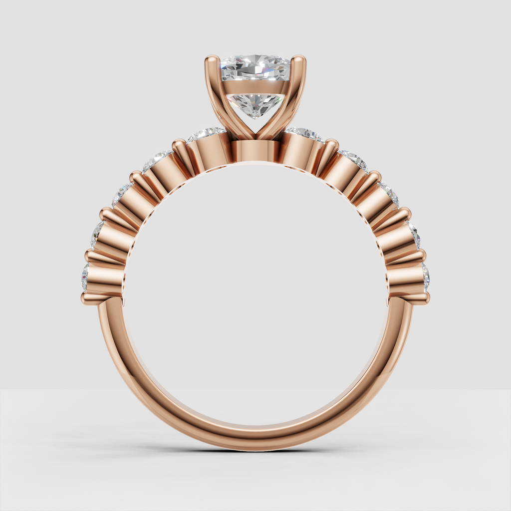 Cushion diamond ring with half-eternity pavé-style shoulders