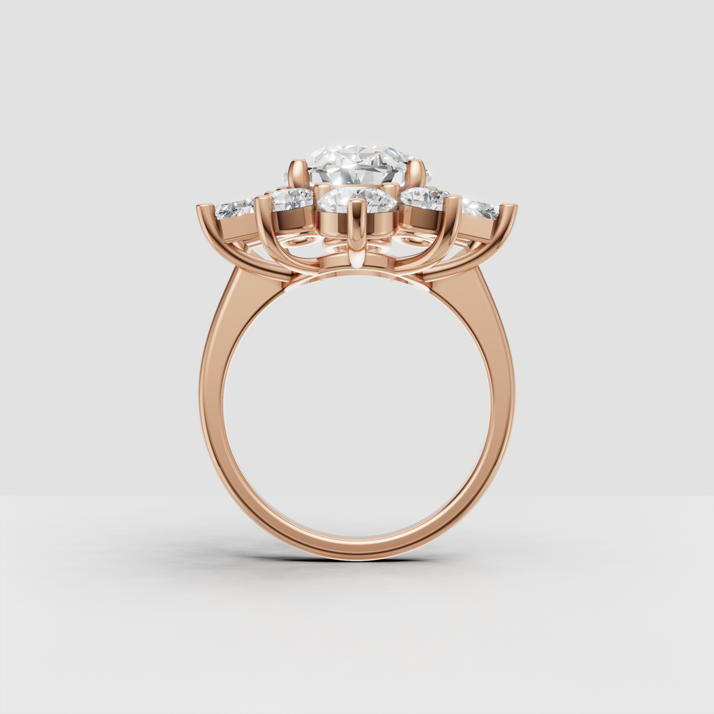 Oval diamond anniversary ring with floral cluster setting