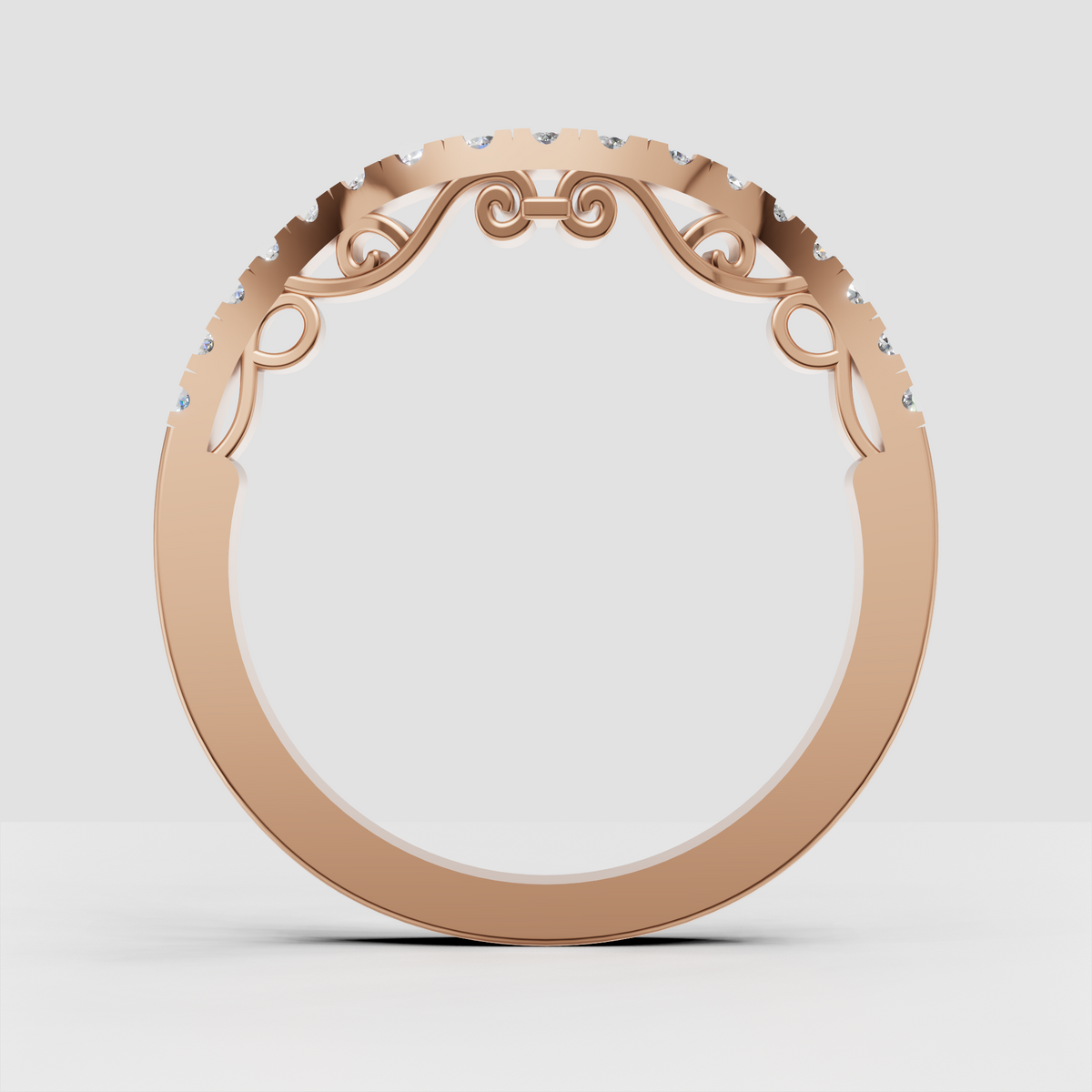 Round diamond anniversary band with intricate openwork gallery in yellow gold
