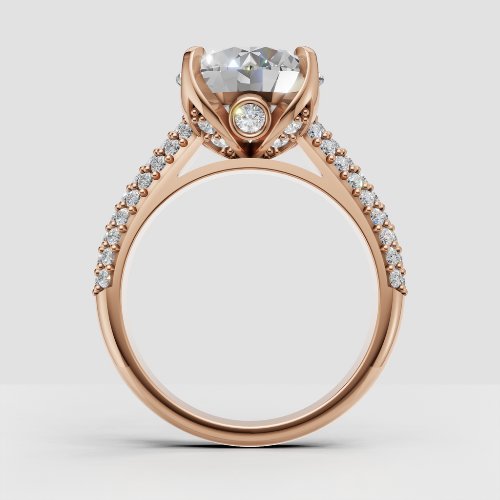 Close-up of round diamond engagement ring with pavé band detailing
