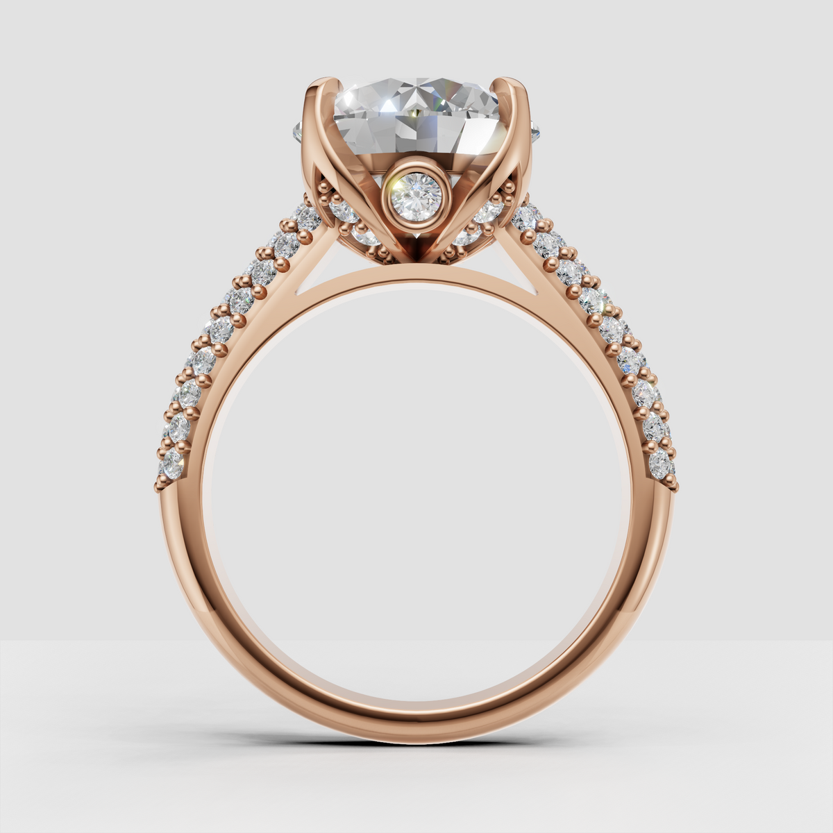 Close-up of round diamond engagement ring with pavé band detailing