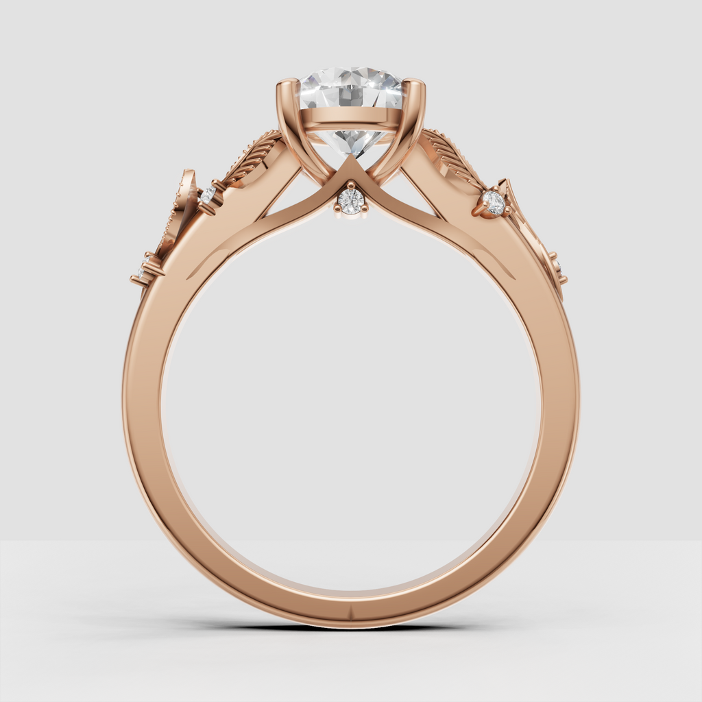 Botanical round diamond ring with delicate accent stones on shoulders