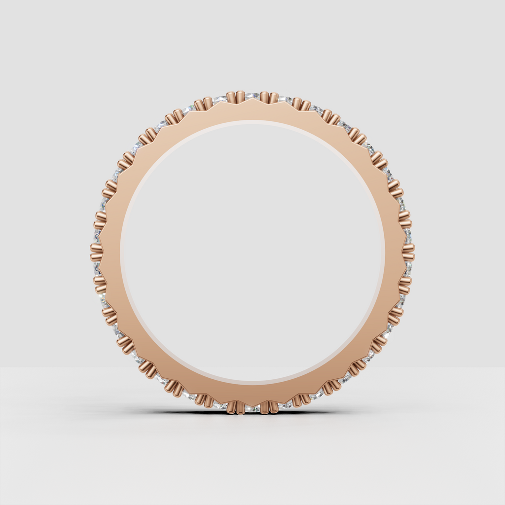 Detailed round cut diamond eternity band in rose gold