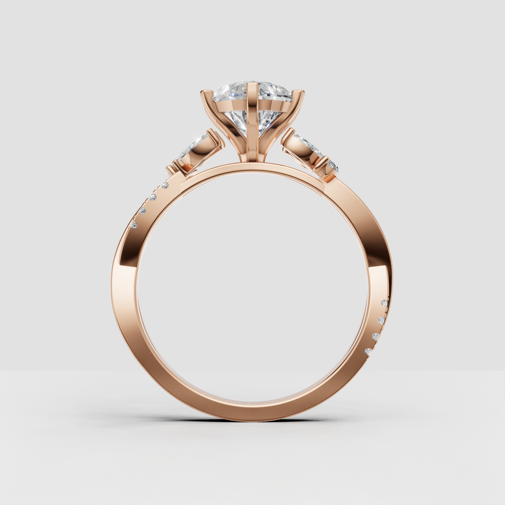 Side view of pear cut diamond engagement ring with marquise halo