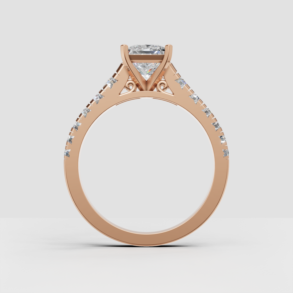 Princess cut center diamond with diamond accented shoulders