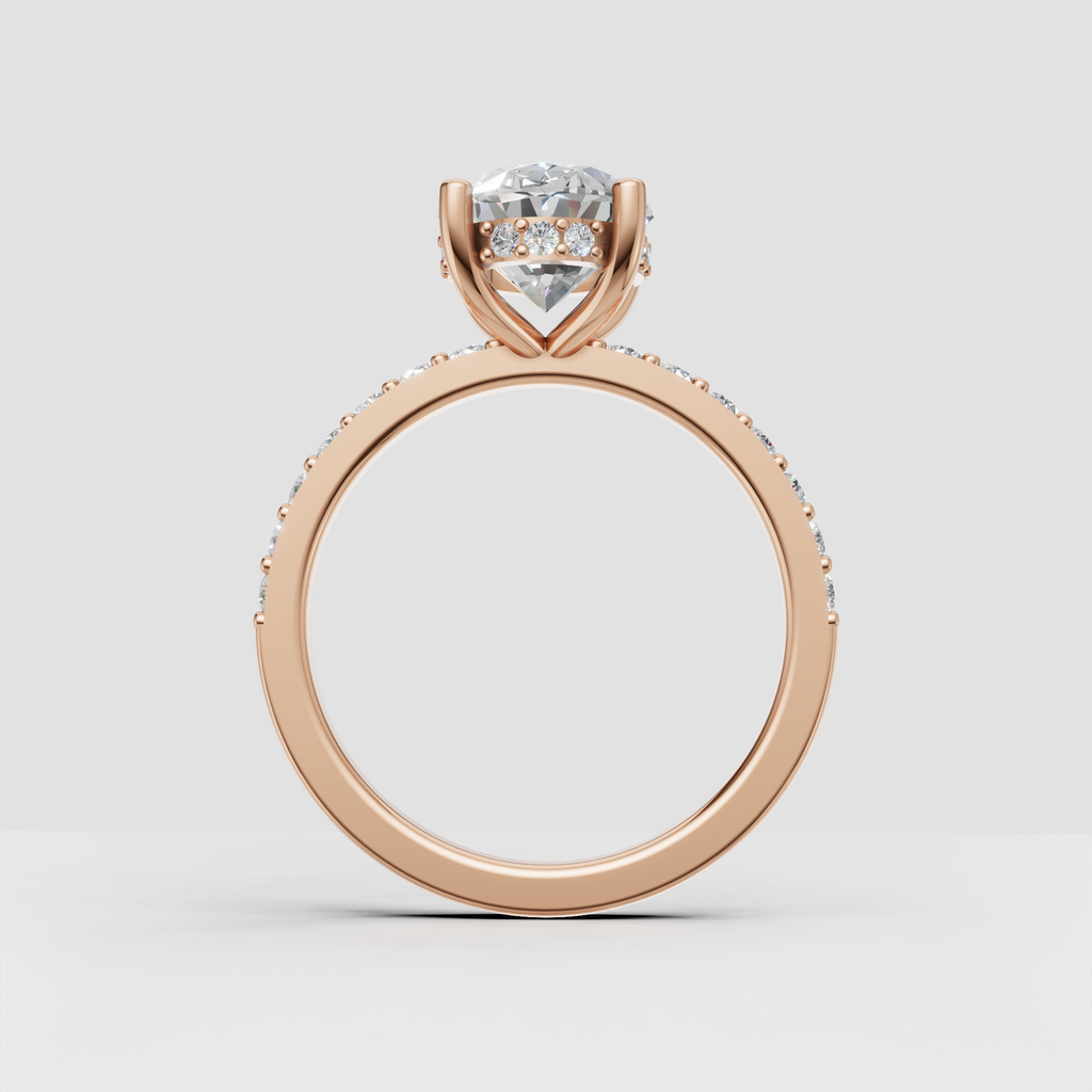 Oval cut diamond wedding ring with concealed halo underneath