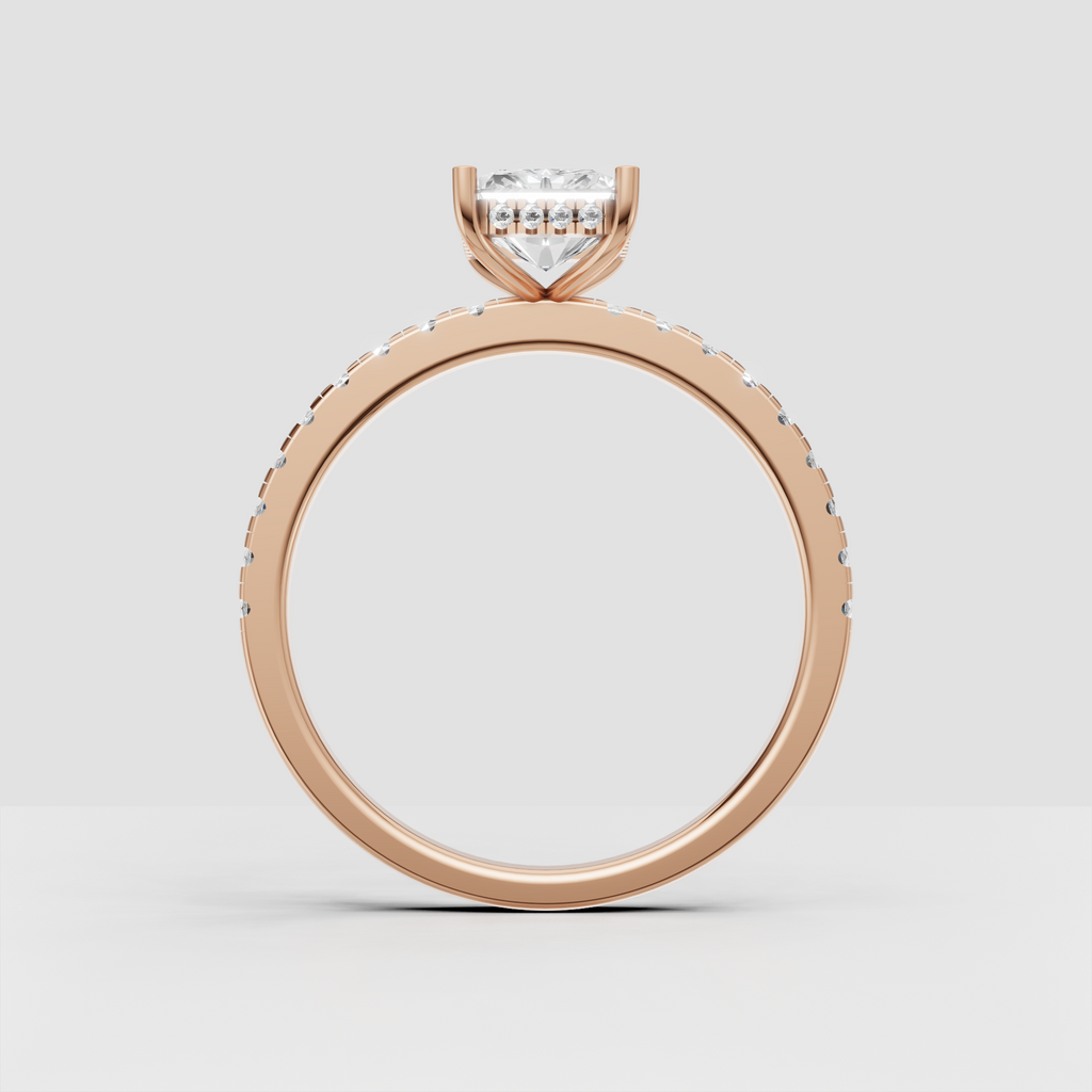 Radiant diamond ring featuring a hidden halo underneath