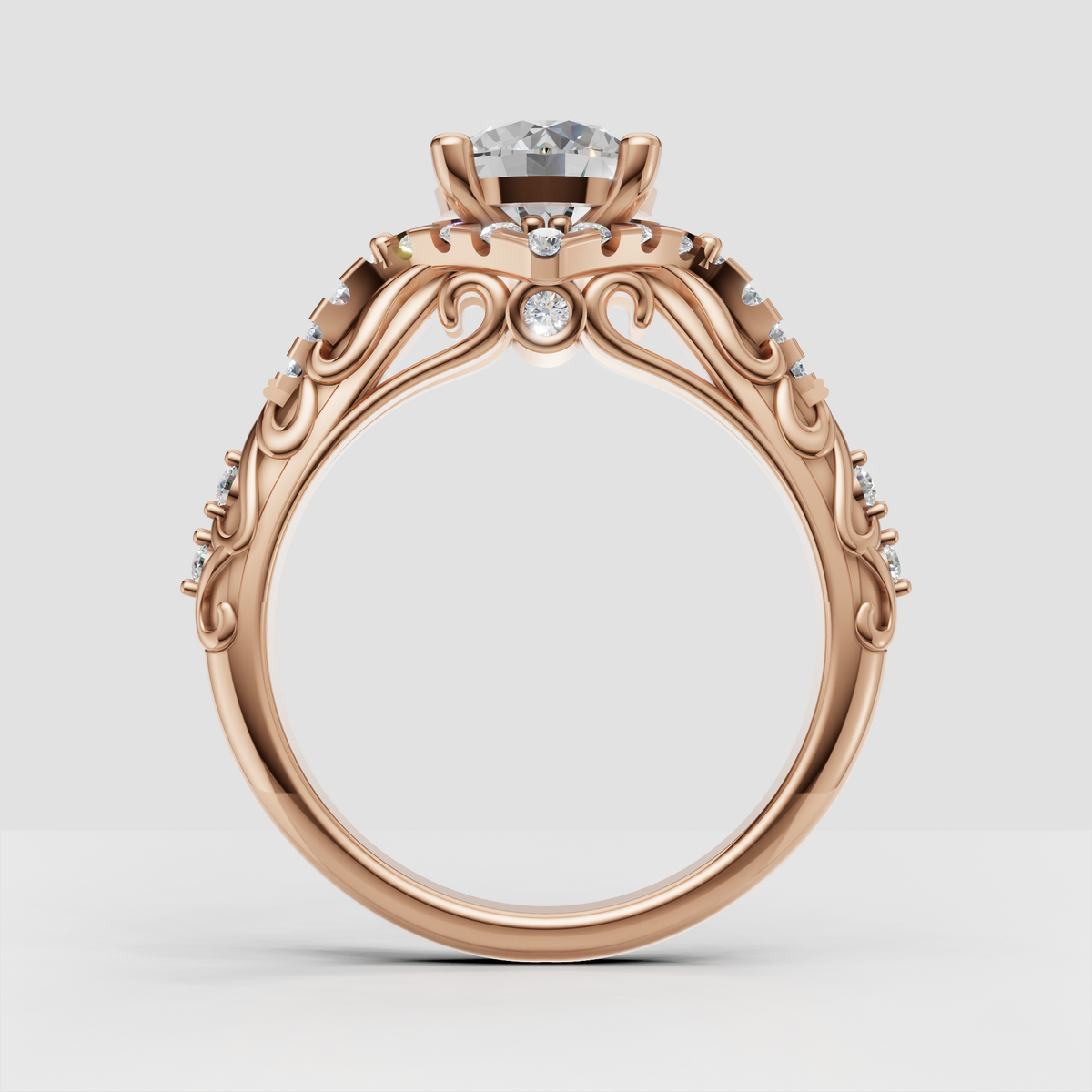 Regal round diamond ring with ornate floral gallery and diamond accents
