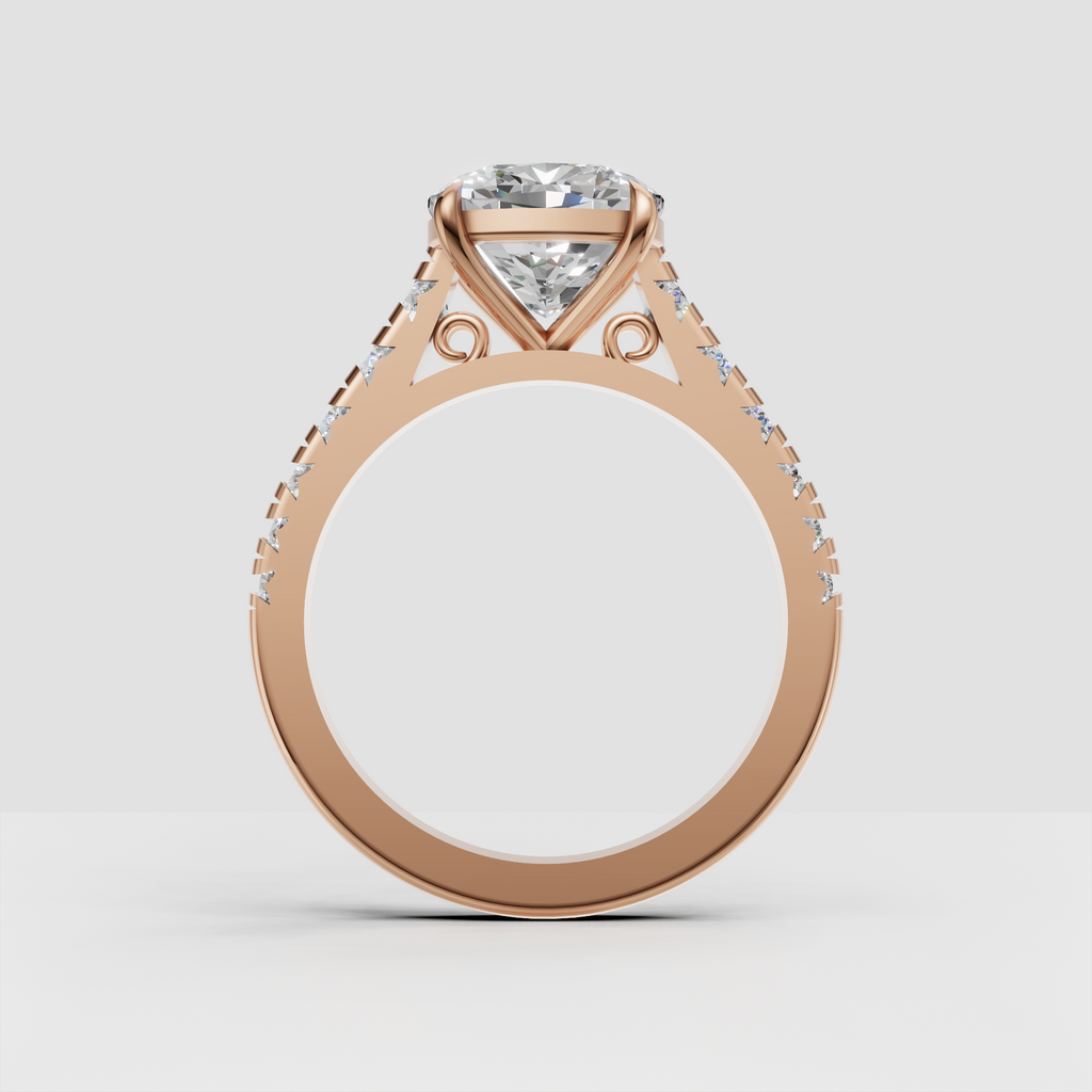 Ornate yellow gold cushion diamond engagement ring with side stones