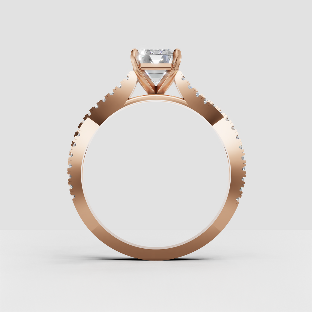 Perspective view of yellow gold emerald cut diamond ring