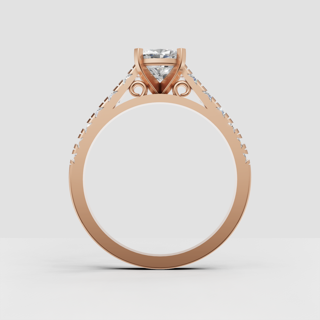 Cushion cut engagement ring with structured channel-style diamond shoulders