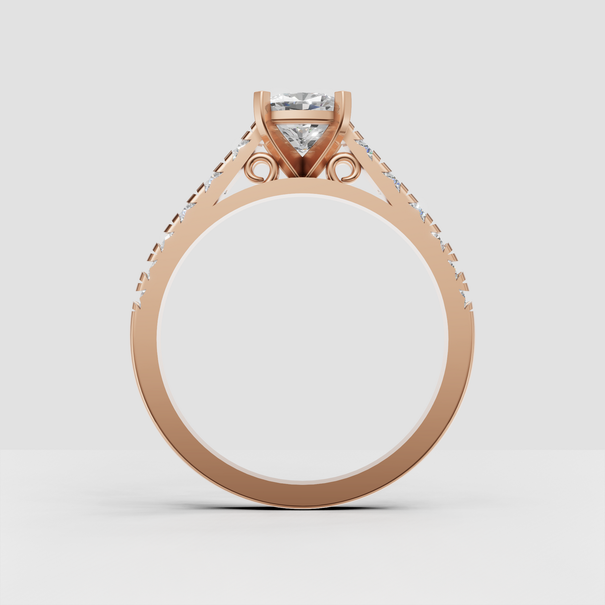 Cushion cut engagement ring with structured channel-style diamond shoulders