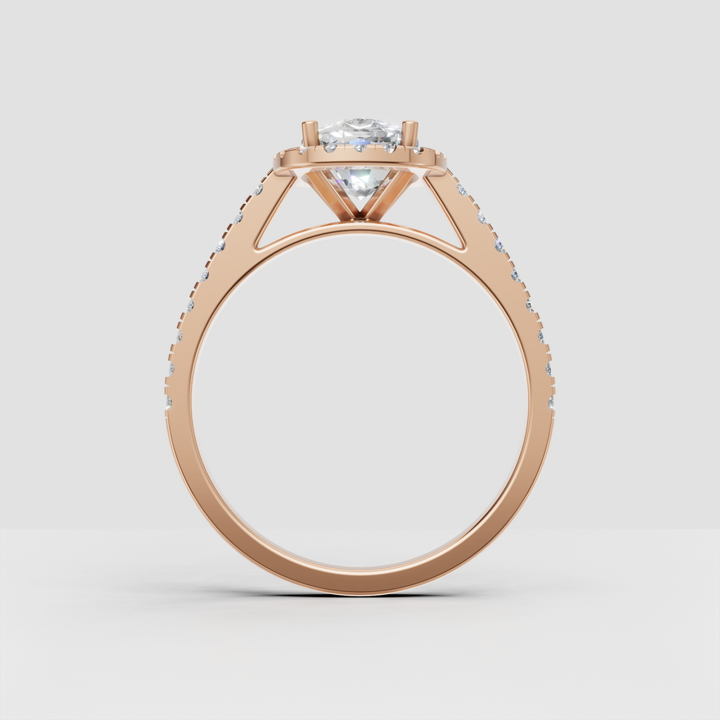 Elongated cushion diamond ring with full halo and diamond pavé shank