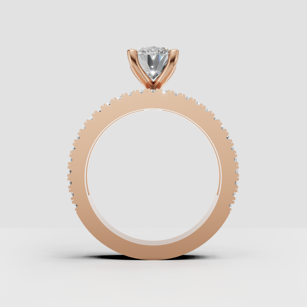 Contemporary oval diamond engagement ring with detailed baguette and round stone band