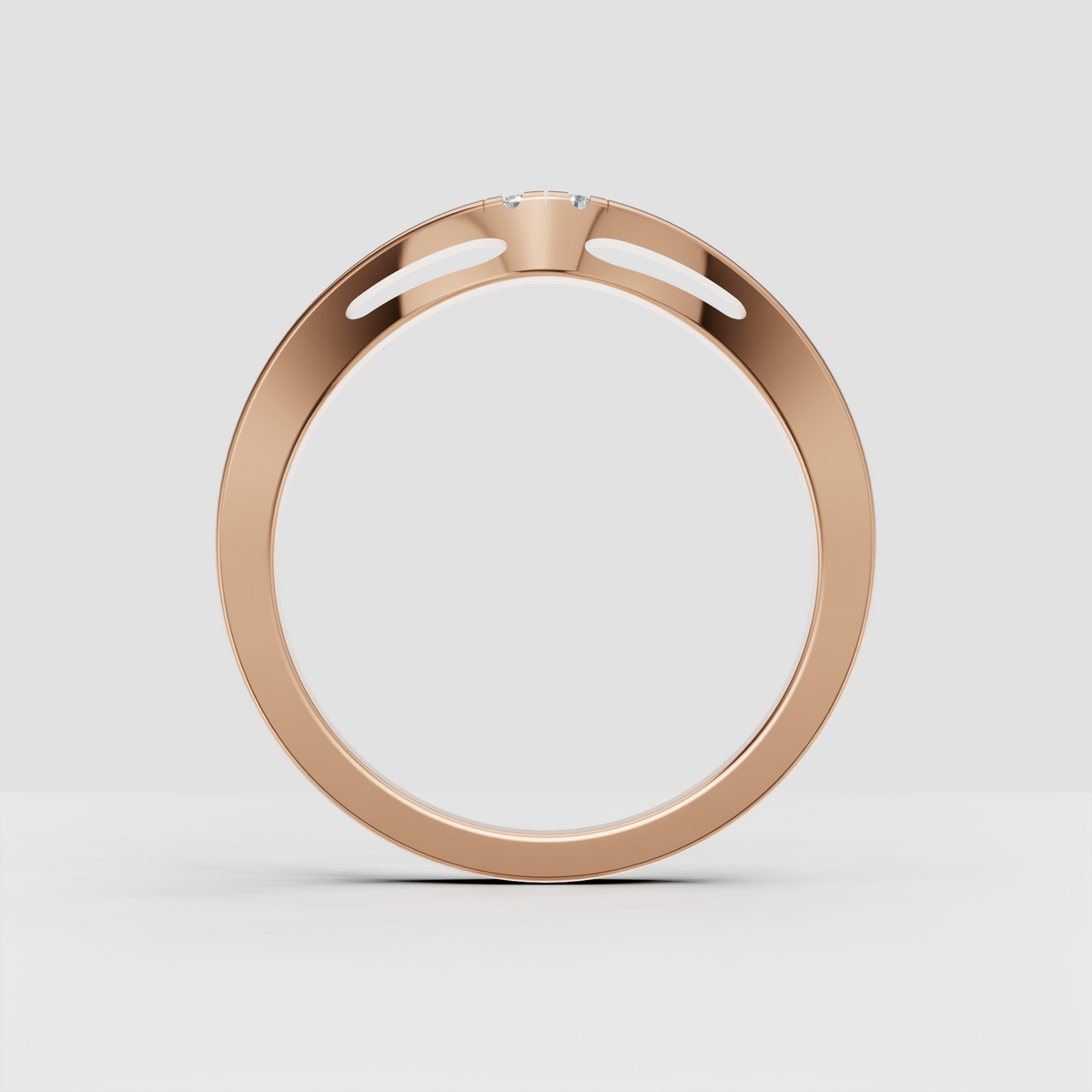 Yellow gold curved diamond ring with two side-by-side center stones