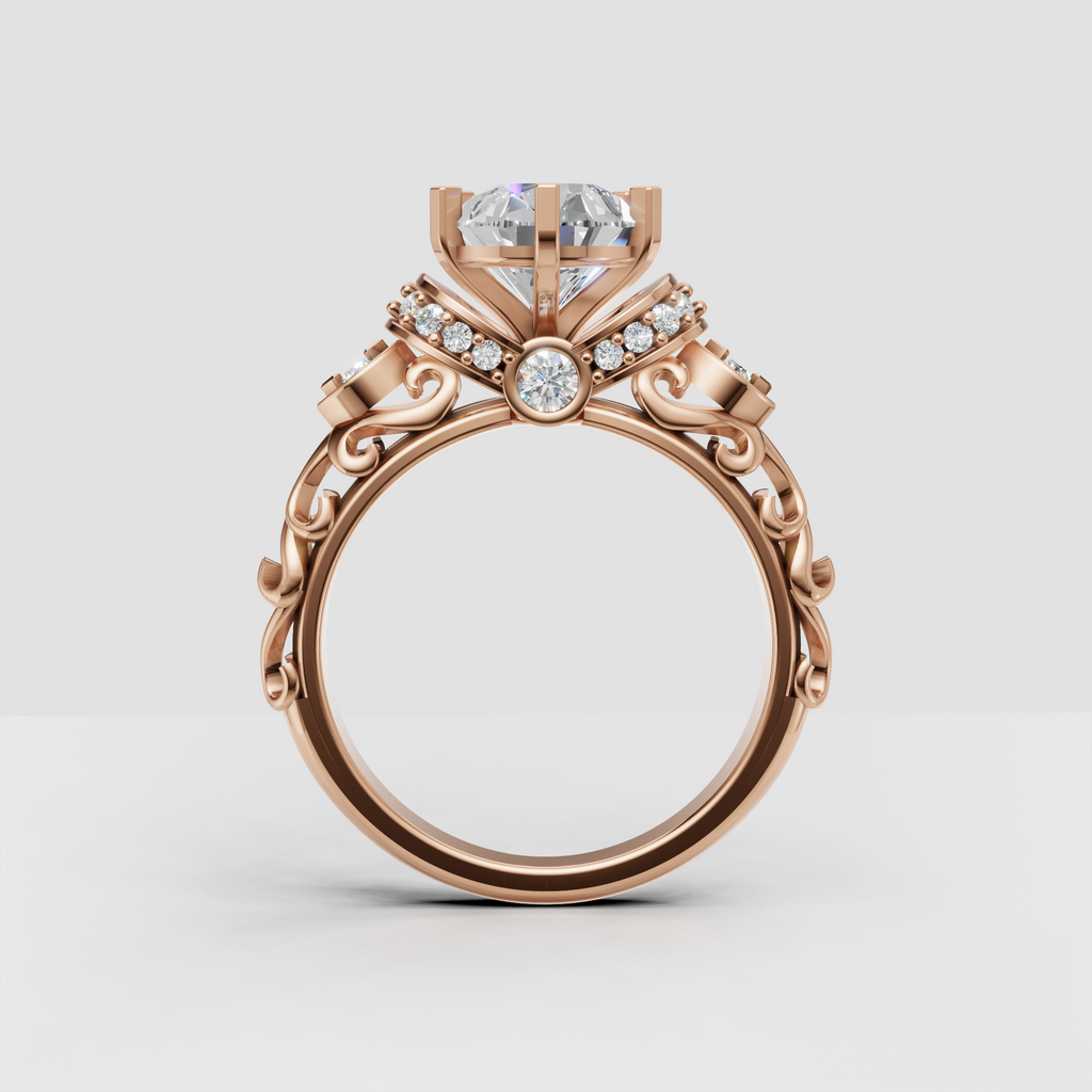 Pear shaped halo engagement ring with multiple decorative prongs