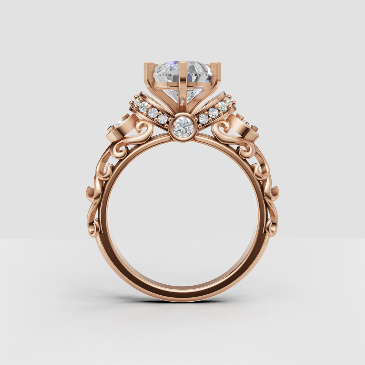 Pear shaped halo engagement ring with multiple decorative prongs
