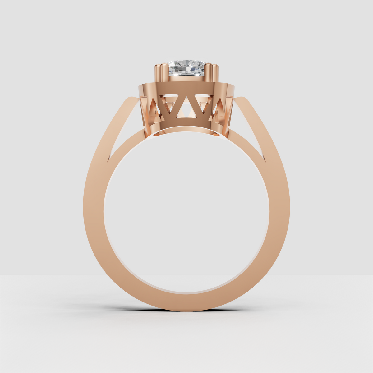 Cushion diamond halo ring with geometric open gallery and accent diamonds