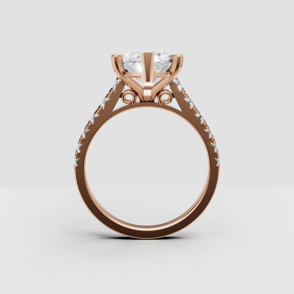 Perspective view of marquise shaped diamond ring with detailed pavé shoulders