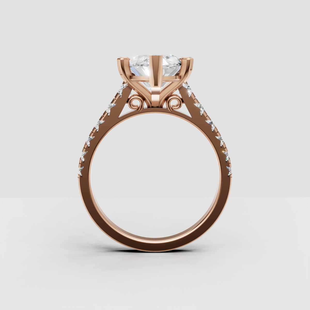 Perspective view of marquise shaped diamond ring with detailed pavé shoulders