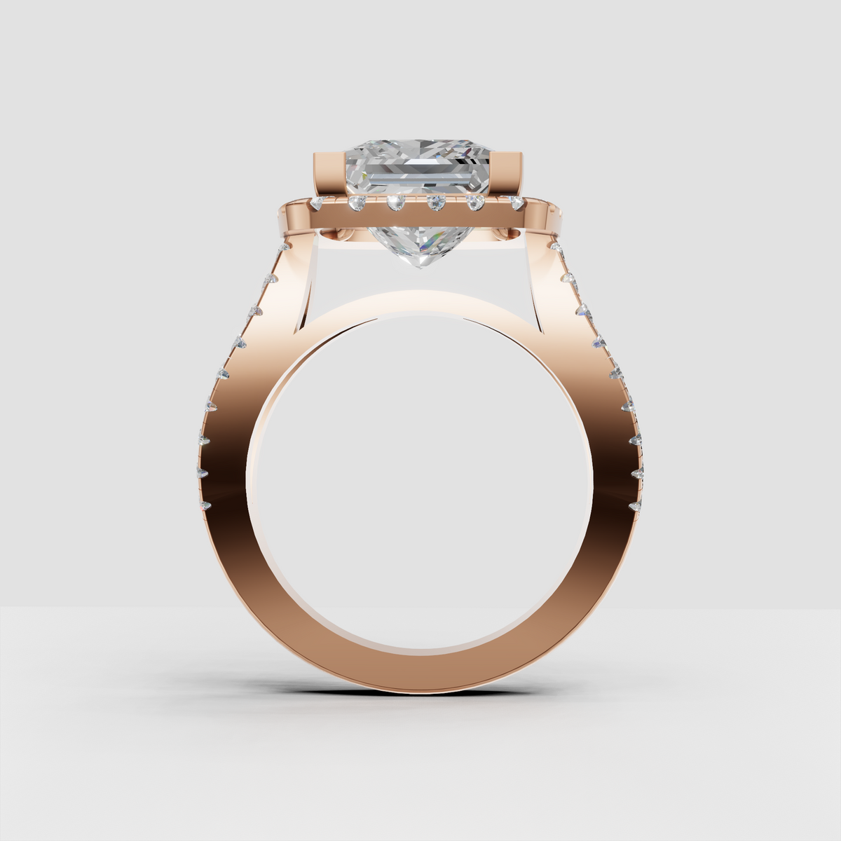 Princess cut engagement ring with diamond-covered split shank