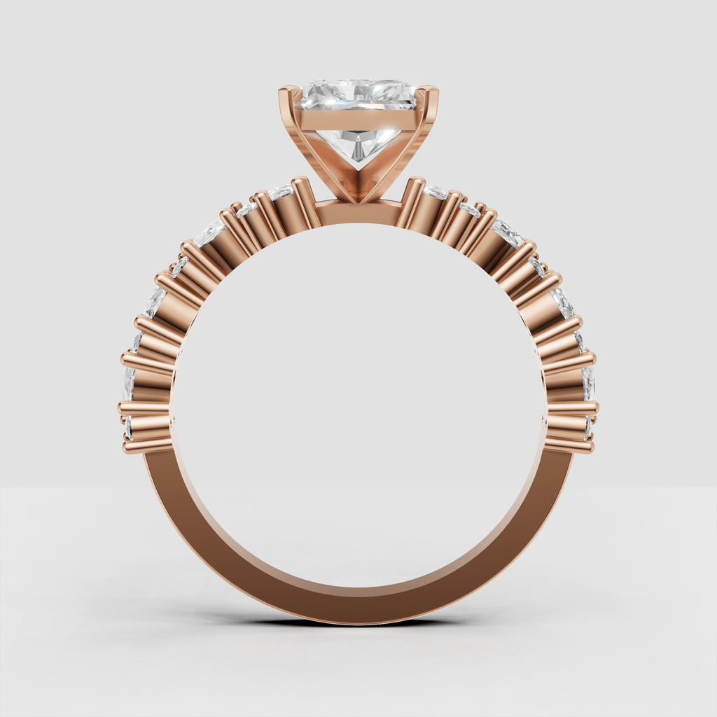 Radiant center stone secured by four sculpted corner prongs