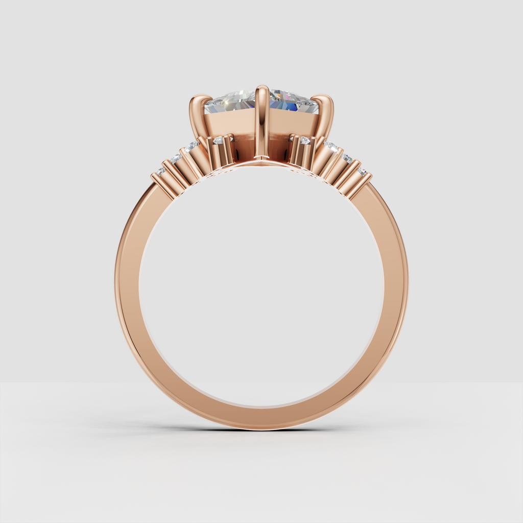 Side view of princess cut cathedral ring with detailed gallery