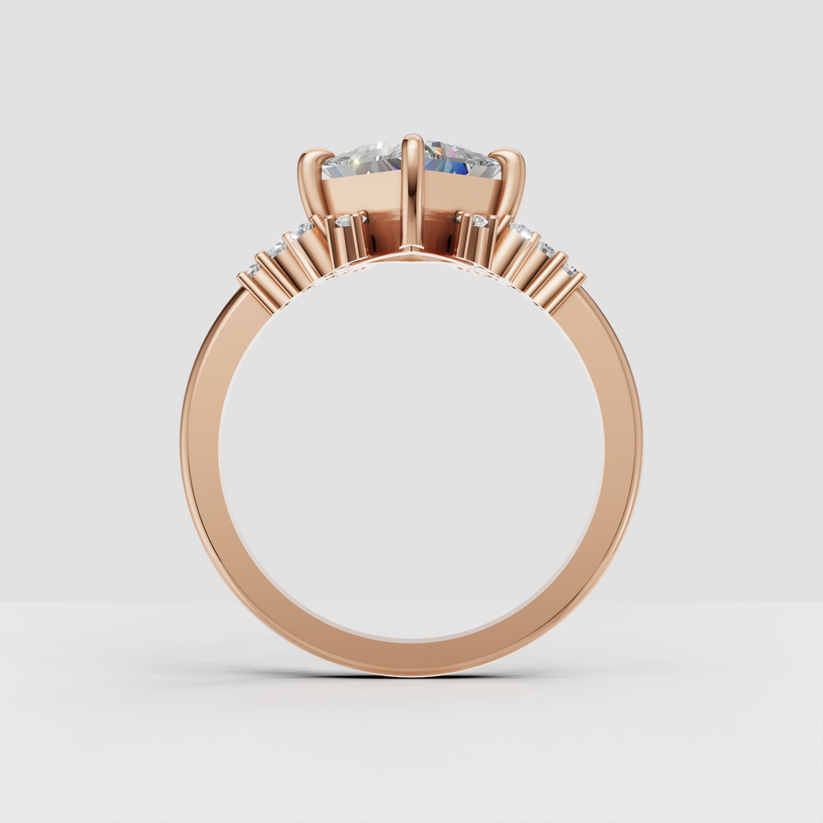 Side view of princess cut cathedral ring with detailed gallery