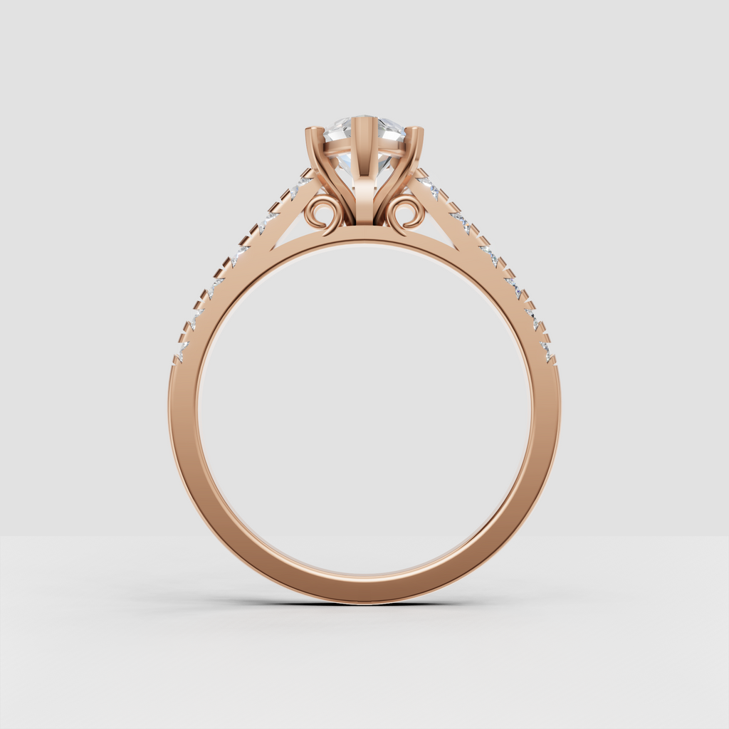 Side view of yellow gold marquise diamond cathedral engagement ring