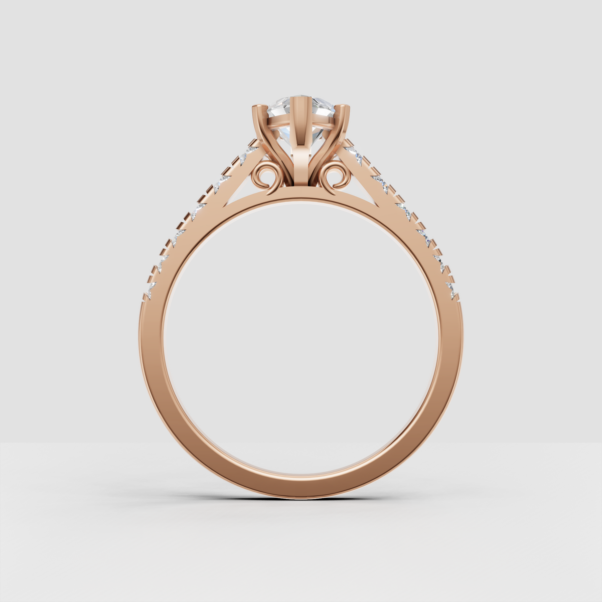 Side view of yellow gold marquise diamond cathedral engagement ring