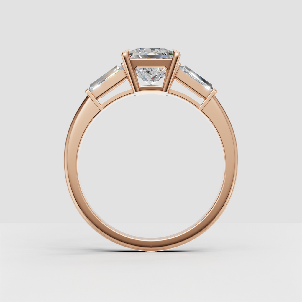 Square cut diamond ring with architectural yellow gold setting