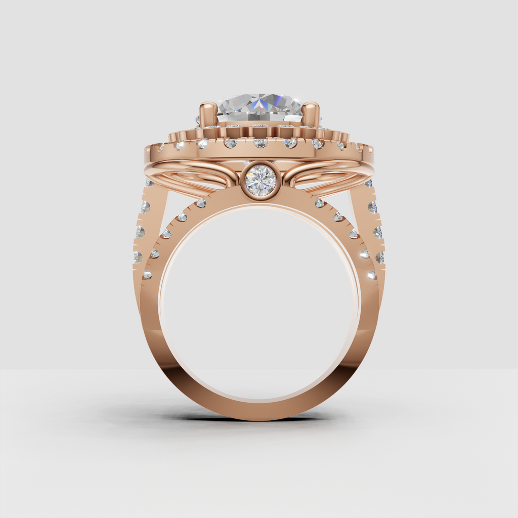 Round diamond ring with floral-inspired halo surrounding the center stone