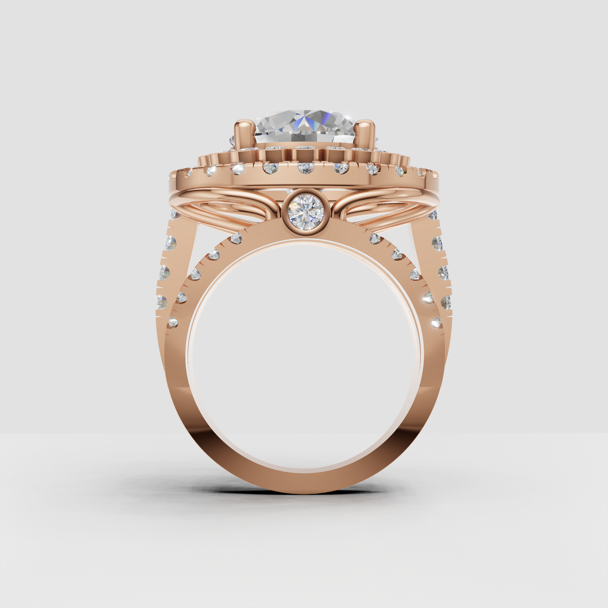 Round diamond ring with floral-inspired halo surrounding the center stone