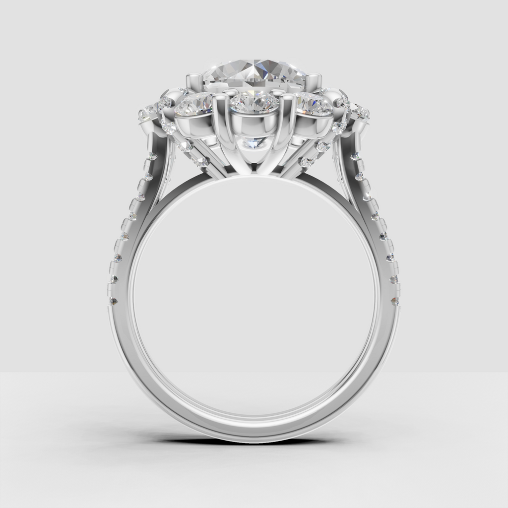 Round center stone with multi-stone halo engagement ring