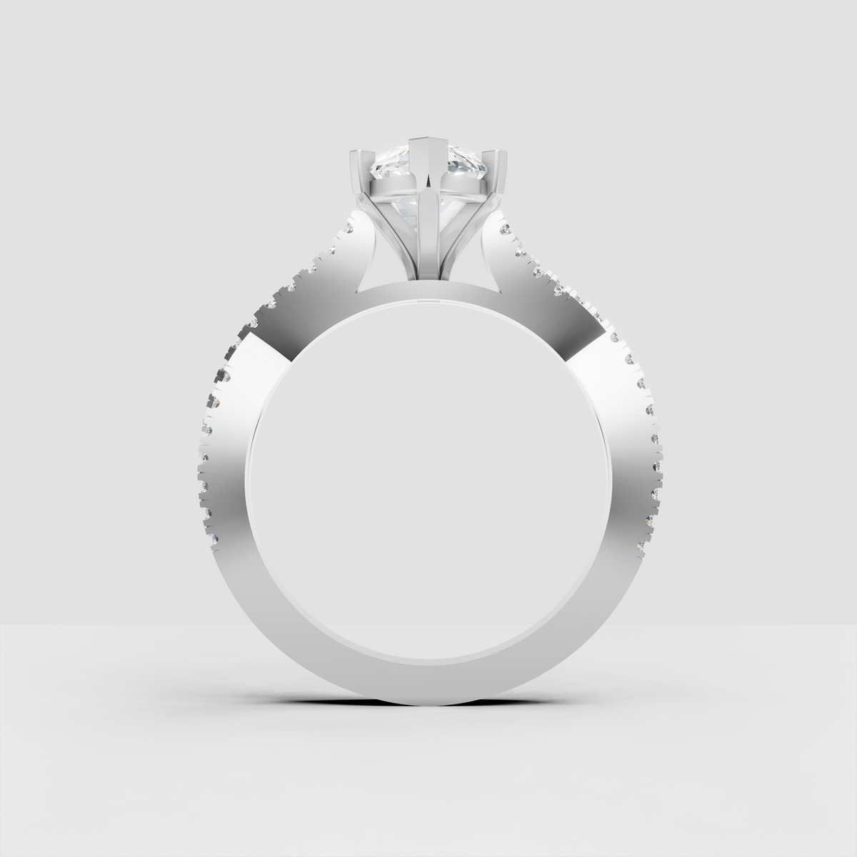 Luxury marquise cut diamond engagement ring featuring a split shank and brilliant round side stones.